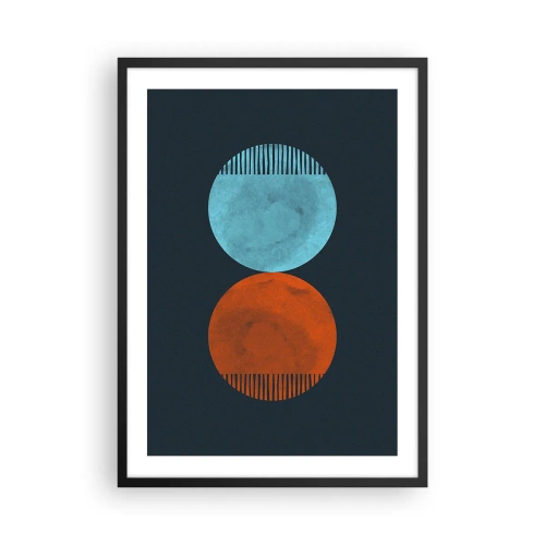 Plakat i sort ramme - To cirkler – blå og orange på en marineblå baggrund - 50x70cm - Kun geometri? - Moderne vægdekoration til stue og soveværelse ARTTOR