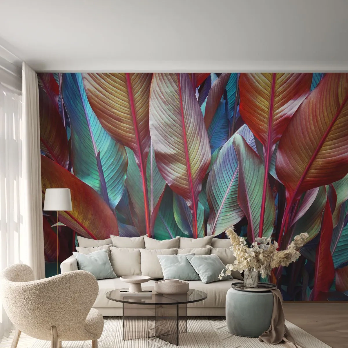 Fototapet Selvklæbende Deluxe Sticker - Farverigt krat - Blade, Botanik, Boho - 450x315 cm