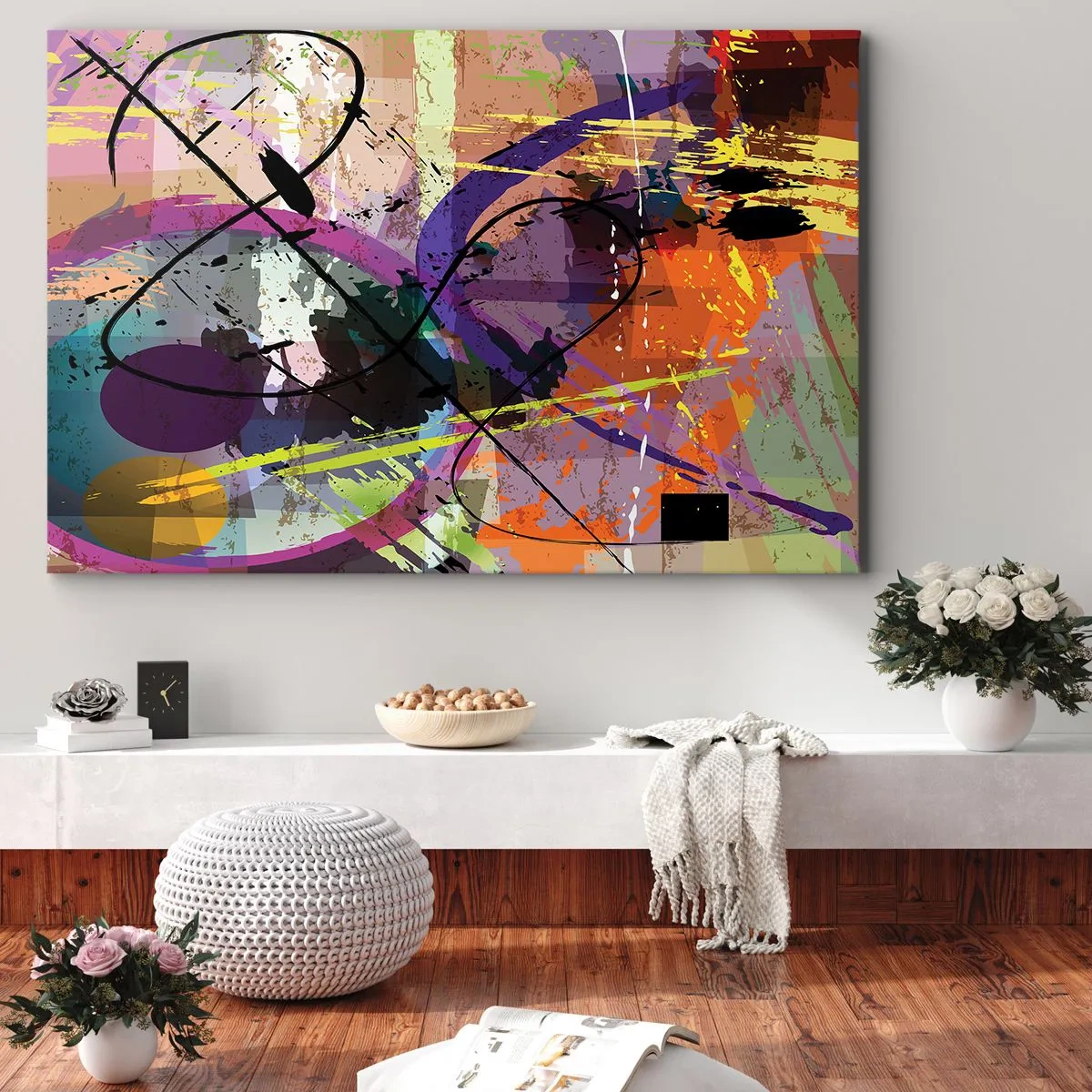 Lærredstryk - Billede på lærred - Et farverigt abstrakt mønster med dynamiske linjer og former. - 70x50cm - Kan være lige eller rundt - Moderne vægdekoration til stue og soveværelse ARTTOR