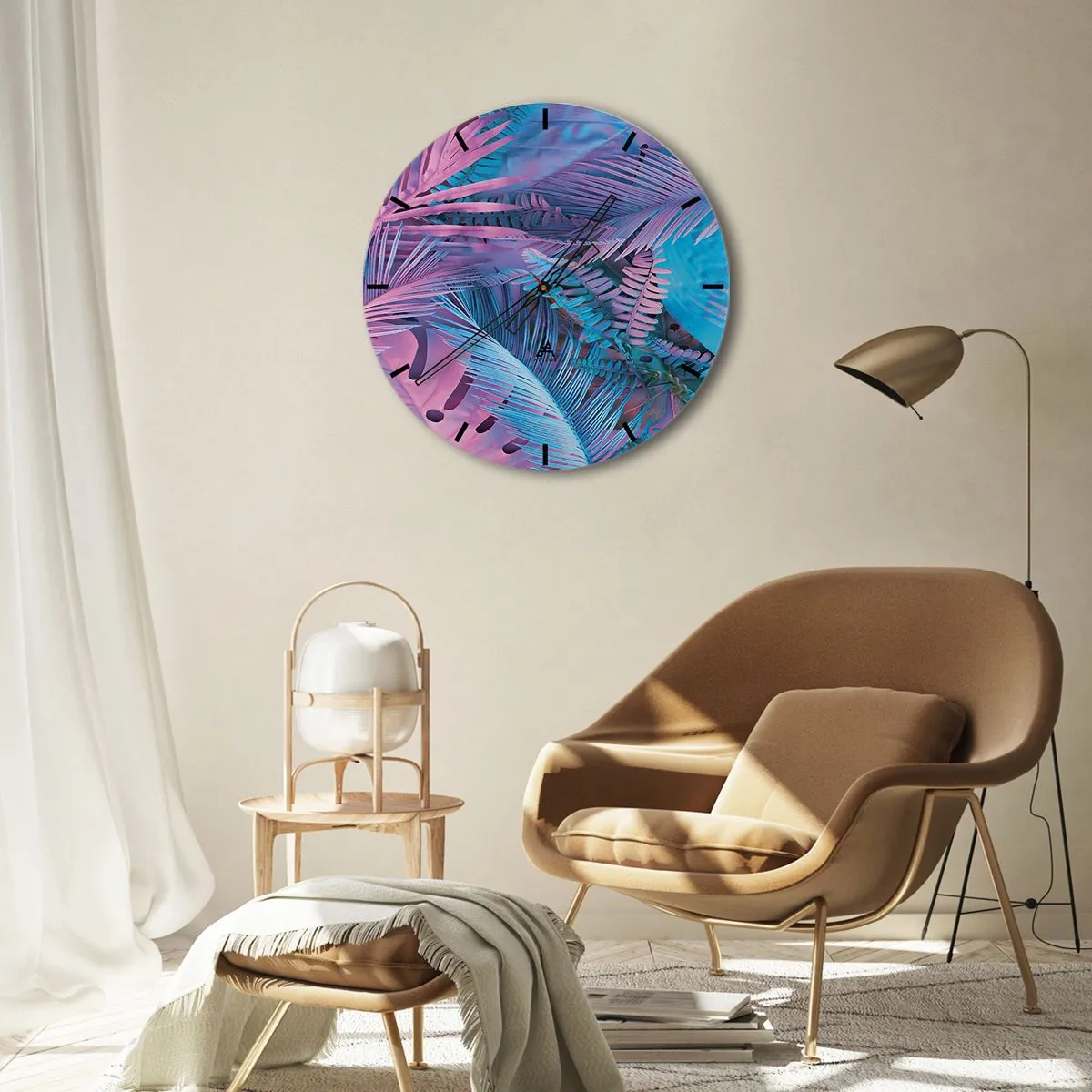 Vægur, Uret - En abstrakt komposition af palmeblade i nuancer af lyserød og blå. - 30x30cm - Troperne i lyserød og blå - Moderne vægdekoration til stue, køkken og soveværelse ARTTOR