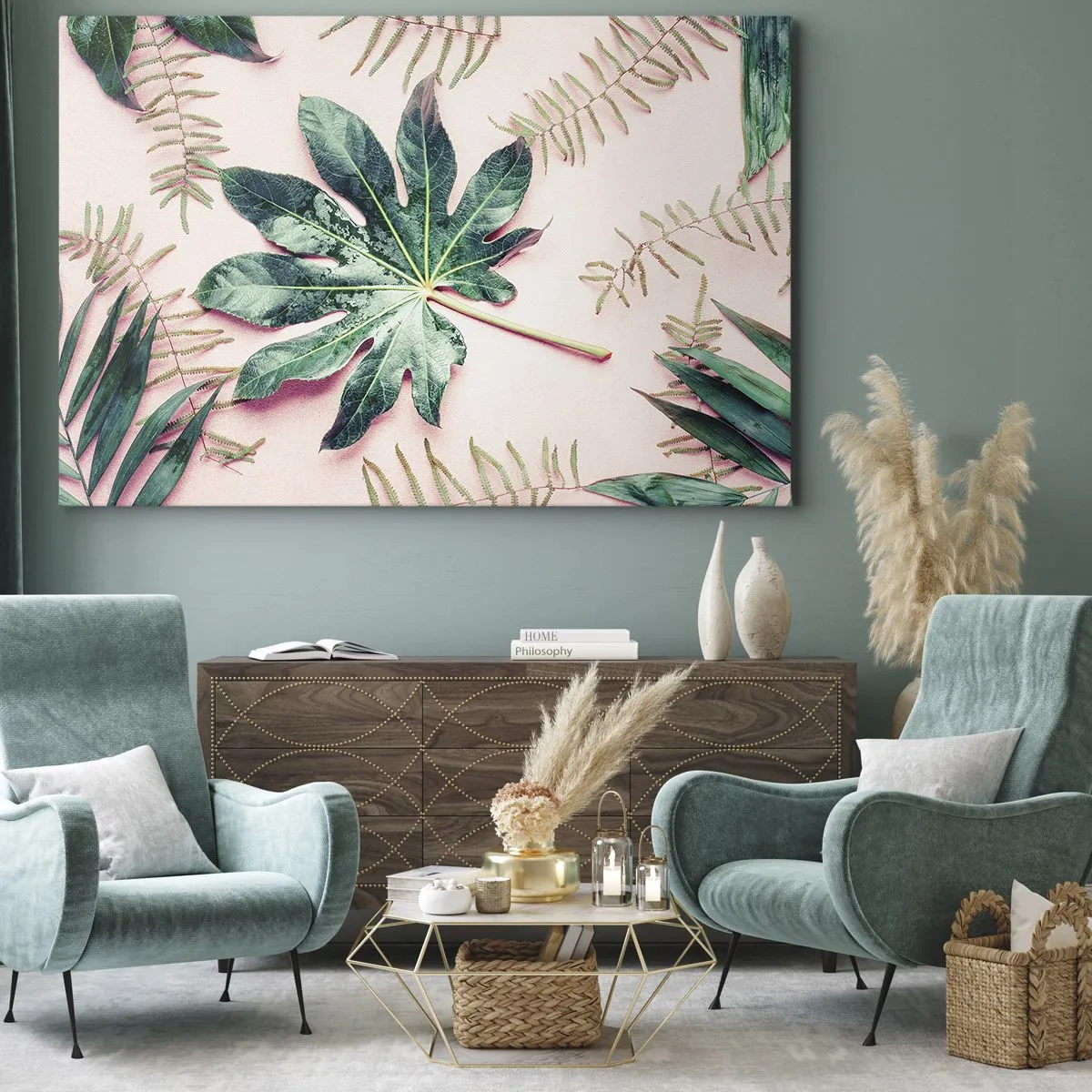 Lærredstryk - Billede på lærred - Tropiske blade på en lys pastelbaggrund - 70x50cm - En undersøgelse af grønt på en lyserød baggrund - Moderne vægdekoration til stue og soveværelse ARTTOR