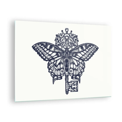 Billede på glas - Illustration af en sommerfugl med en nøgle i midten - 70x50cm - Alle hjertets hemmeligheder - Moderne vægdekoration til stue og soveværelse ARTTOR