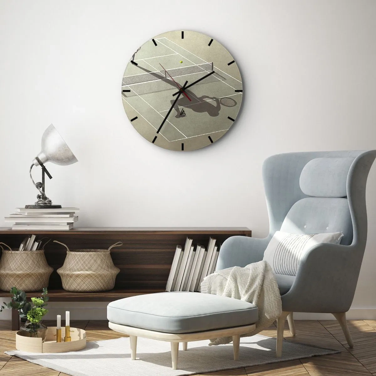Vægur, Uret - En minimalistisk silhuet af en tennisspiller på banen - 30x30cm - Overvind dig selv - Moderne vægdekoration til stue, køkken og soveværelse ARTTOR