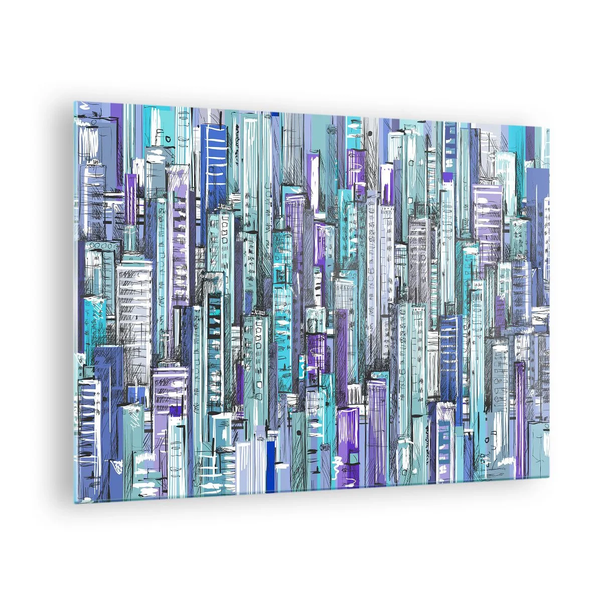 Billede på glas - Illustration af en by fuld af skyskrabere i kølige nuancer - 70x50cm - Blå fra himlen - Moderne vægdekoration til stue og soveværelse ARTTOR