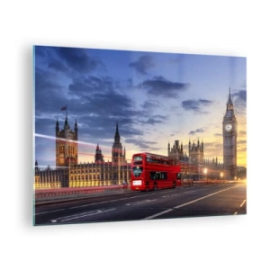 Billede på glas - Big Ben og den røde bus i London ved solnedgang - 70x50cm - Særlige kendetegn - Moderne vægdekoration til stue og soveværelse ARTTOR