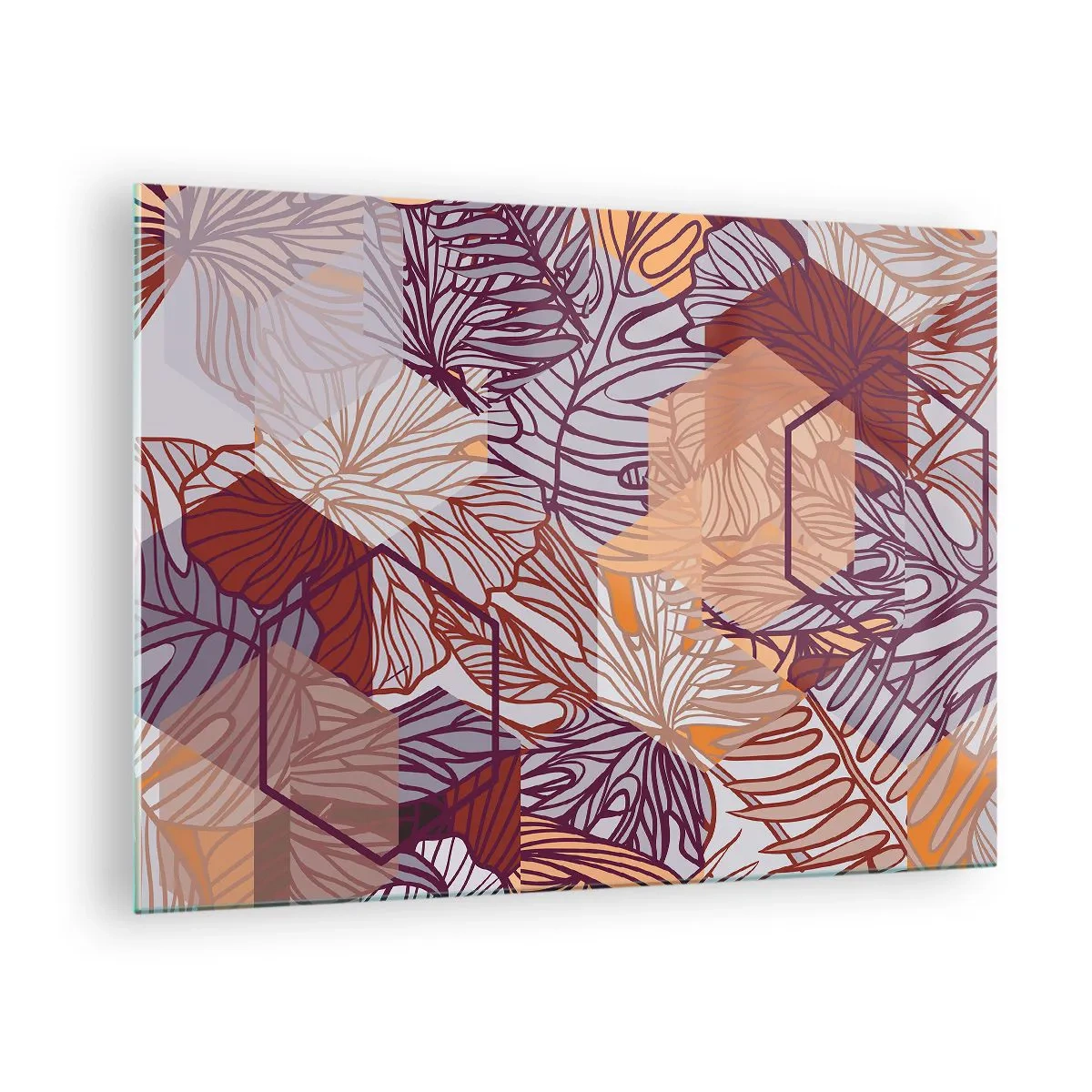Billede på glas - Grafiske blade mod en baggrund af geometriske former - 70x50cm - Umuligt forhold mellem geometri og natur - Moderne vægdekoration til stue og soveværelse ARTTOR