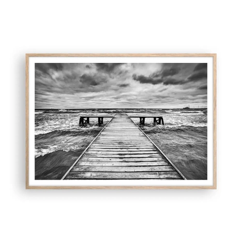 Plakat i ramme af lyst egetræ - Jeg venter på, at vinden blæser væk... - 100x70 cm