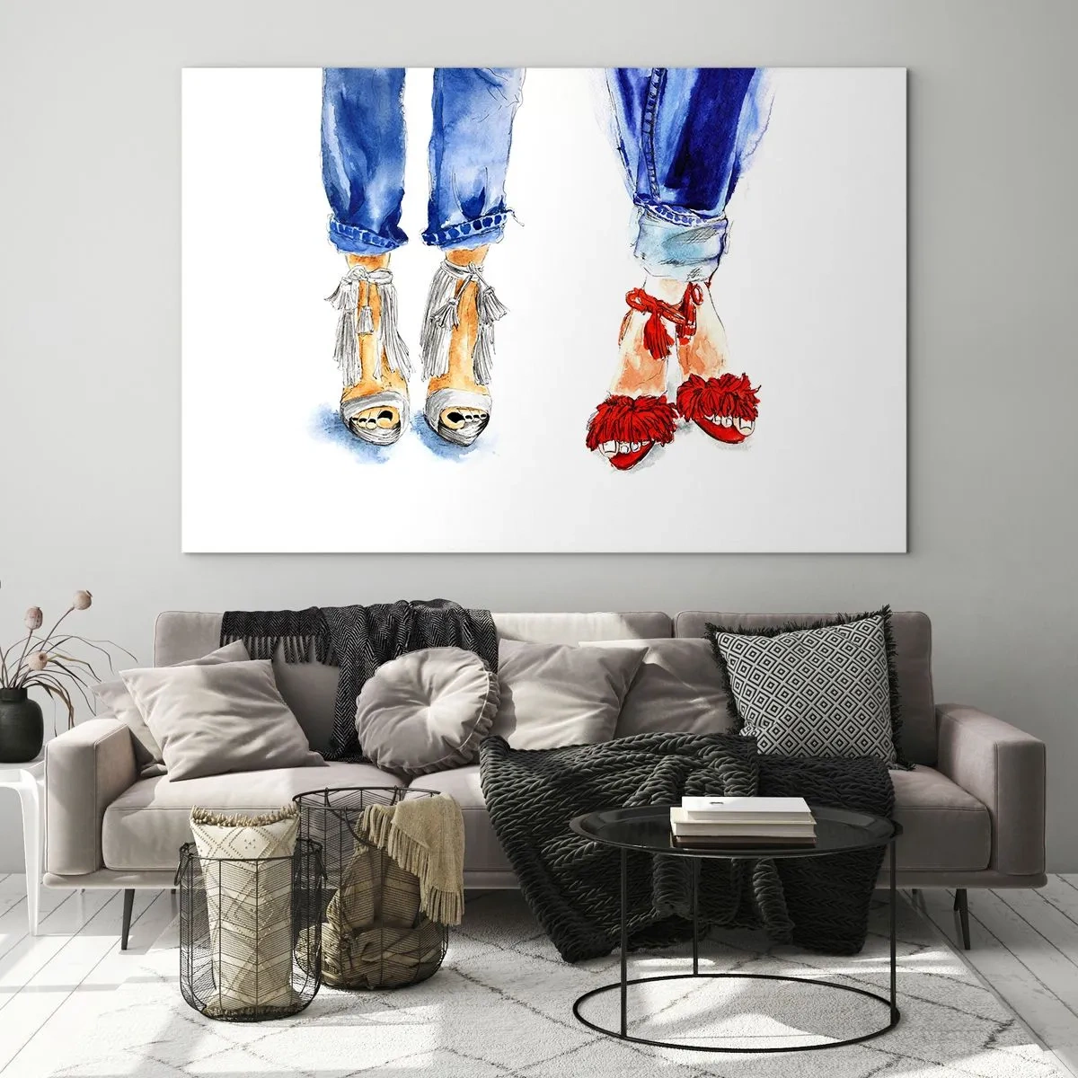Billede på glas - To stilfulde sko på baggrund af jeans - 70x50cm - Hvorfor går vi ikke en tur? - Moderne vægdekoration til stue og soveværelse ARTTOR