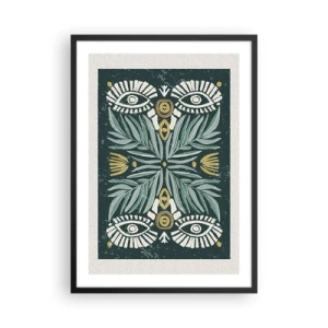 Plakat i sort ramme - Symmetrisk mønster med blade og øjne på en mørk baggrund - 50x70cm - Som en folkeudskæring - Moderne vægdekoration til stue og soveværelse ARTTOR