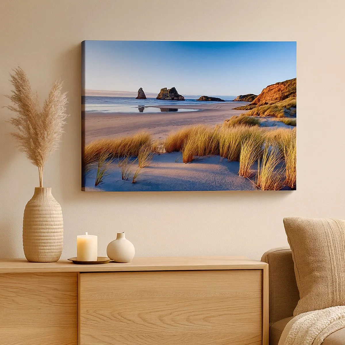 Lærredstryk - Billede på lærred - En malerisk strand med udsigt over klipperne og havet ved solnedgang - 70x50cm - For dem, der søger ro - Moderne vægdekoration til stue og soveværelse ARTTOR