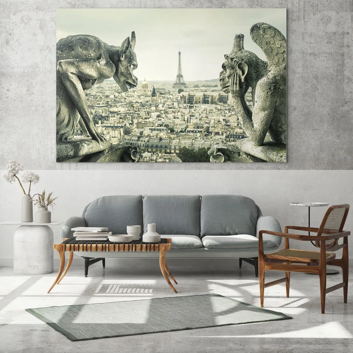 Billede på glas - Gargoyler over Paris med udsigt til Eiffeltårnet - 70x50cm - Parisisk chat - Moderne vægdekoration til stue og soveværelse ARTTOR