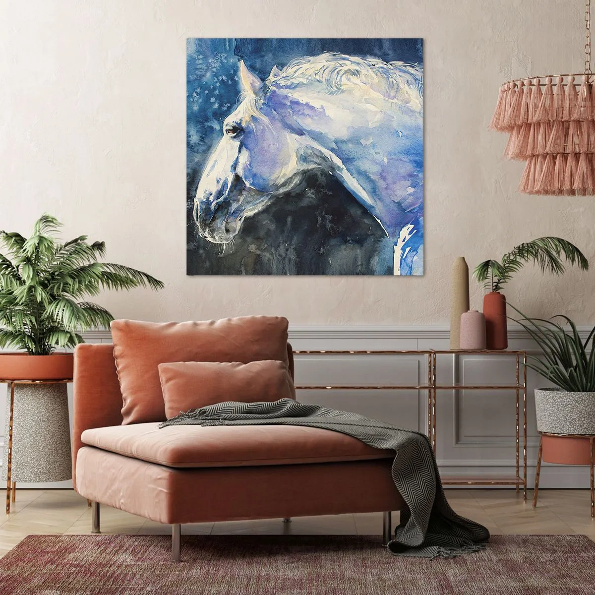 Lærredstryk - Billede på lærred - Portræt i et blåt skær - 40x40 cm