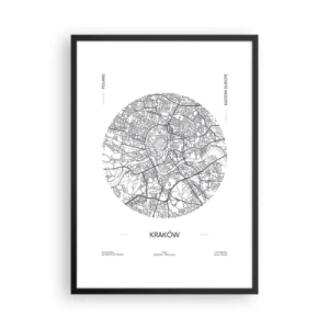 Plakat i sort ramme - Et minimalistisk kort over Krakow i en cirkel - 50x70cm - Krakows anatomi - Moderne vægdekoration til stue og soveværelse ARTTOR