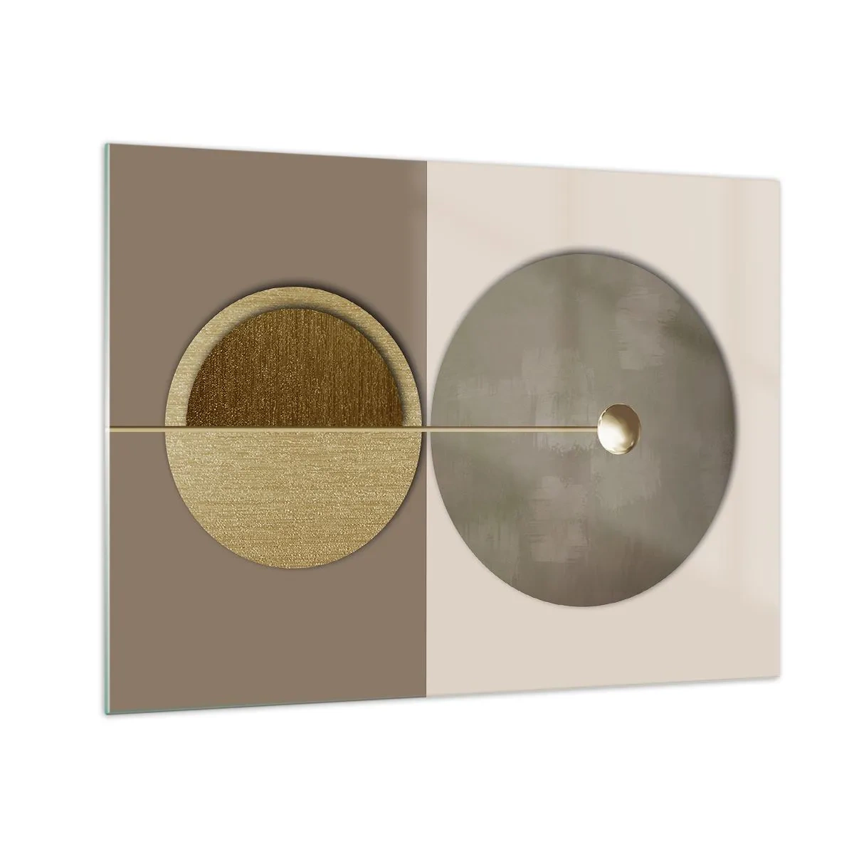 Billede på glas - Gyldne cirkler og linjer i en harmonisk komposition - 70x50cm - Perfekt balance - Moderne vægdekoration til stue og soveværelse ARTTOR