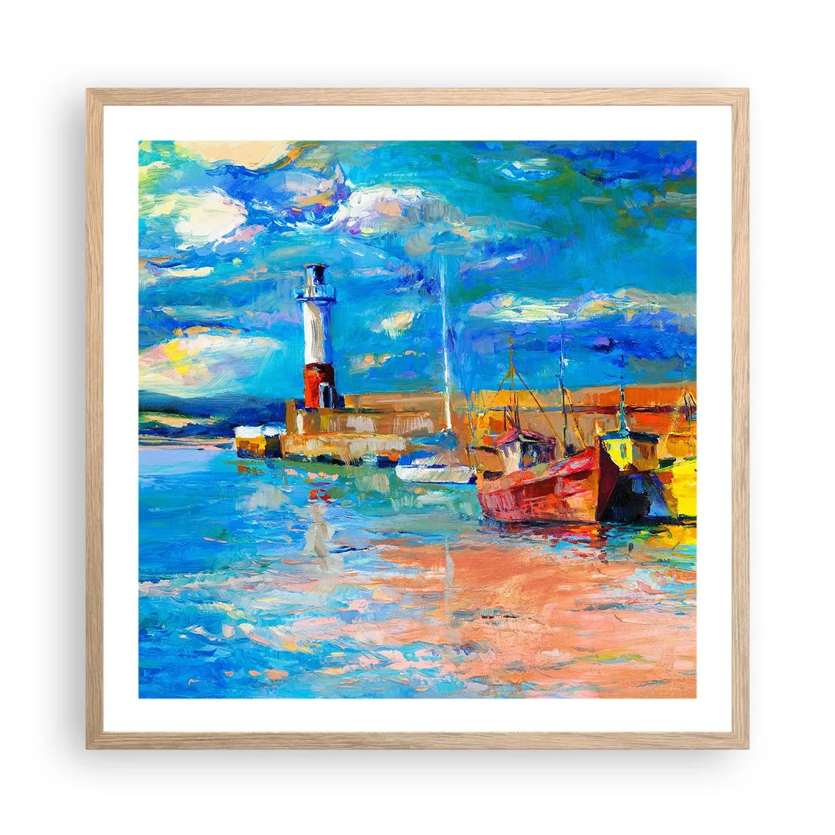 Plakat i ramme af lyst egetræ - Eftermiddag i regnbuebugten - 60x60 cm