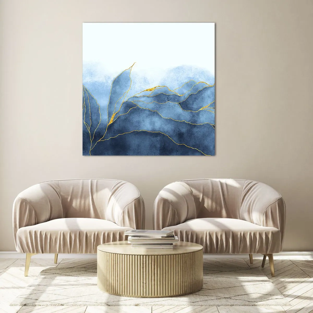 Billede på glas - Blå i guld - 50x50 cm