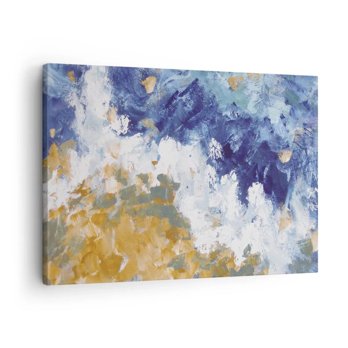 Lærredstryk - Billede på lærred - Abstraktion i nuancer af blå, hvid og guld - 70x50cm - Elementernes dans - Moderne vægdekoration til stue og soveværelse ARTTOR