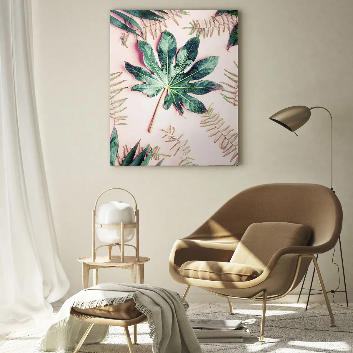 Billede på glas - En undersøgelse af grønt på en lyserød baggrund - 70x100 cm