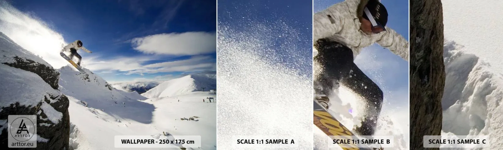 Prøve Fototapet Selvklæbende Deluxe Sticker - Frihed uden grænser - Snowboarding, Landskab, Bjerge - 100x30 cm