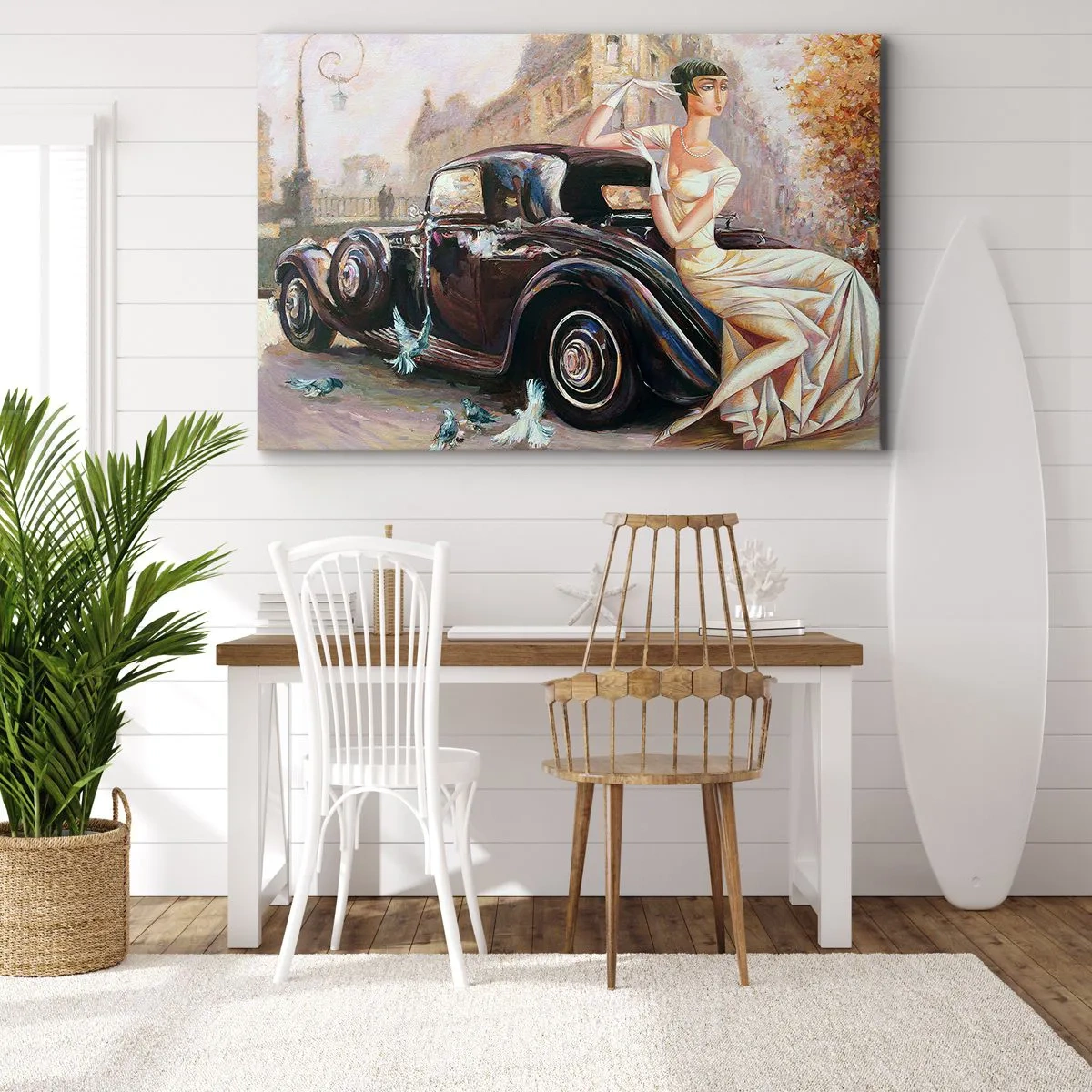 Lærredstryk - Billede på lærred - Retro kvinde ved siden af en klassisk bil - 70x50cm - Retro elegance - Moderne vægdekoration til stue og soveværelse ARTTOR