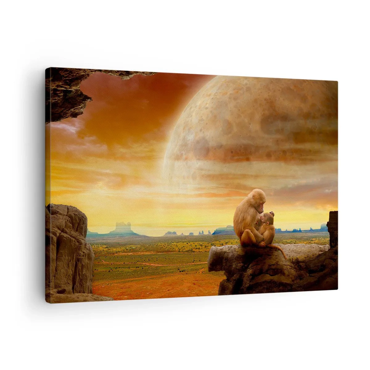 Lærredstryk - Billede på lærred - Aber sidder på en klippe i et surrealistisk landskab med en kæmpeplanet - 70x50cm - Kærlighed overalt den samme - Moderne vægdekoration til stue og soveværelse ARTTOR