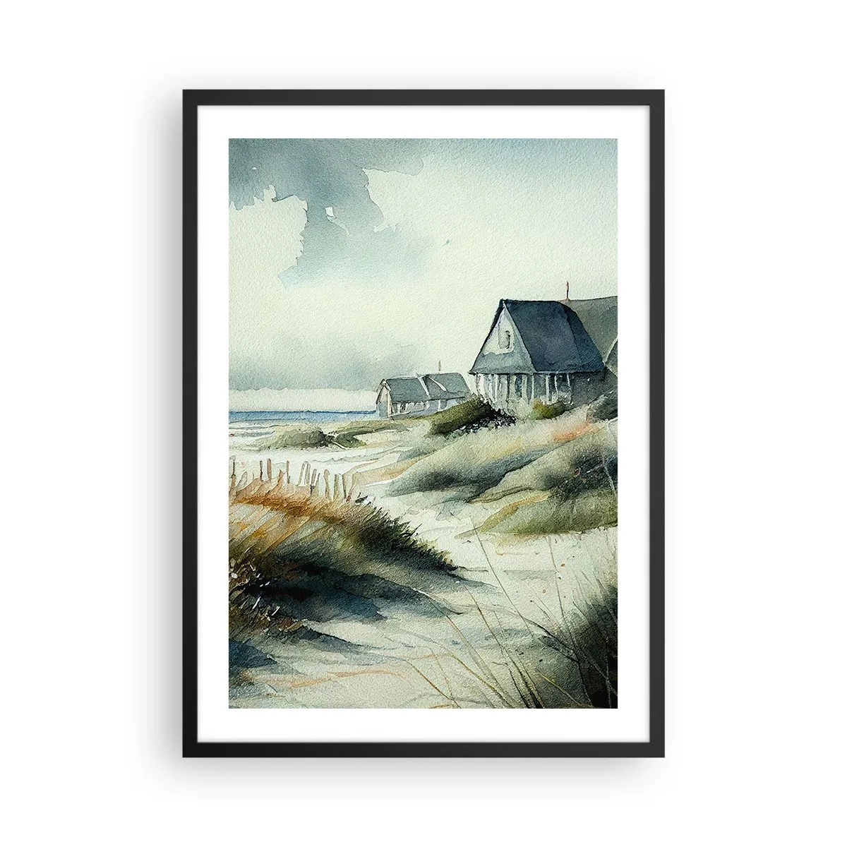 Plakat i sort ramme - Akvarel strandhus med havudsigt - 50x70cm - Væk fra trængsel og travlhed - Moderne vægdekoration til stue og soveværelse ARTTOR