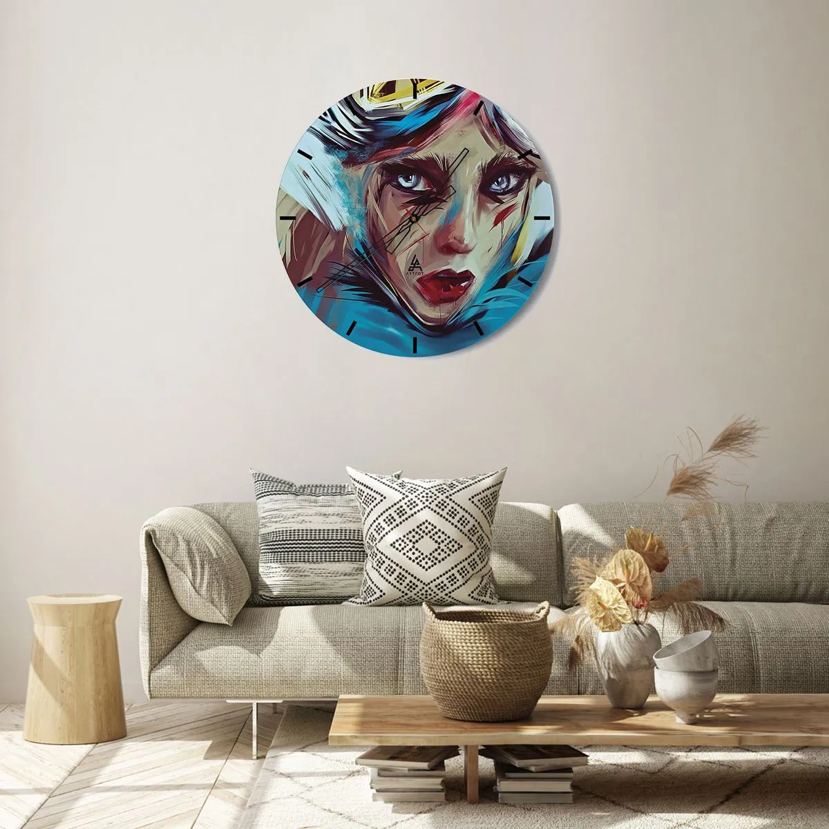 Vægur, Uret - Et udtryksfuldt portræt af en kvinde i intense farver - 30x30cm - Vejkriger - Moderne vægdekoration til stue, køkken og soveværelse ARTTOR