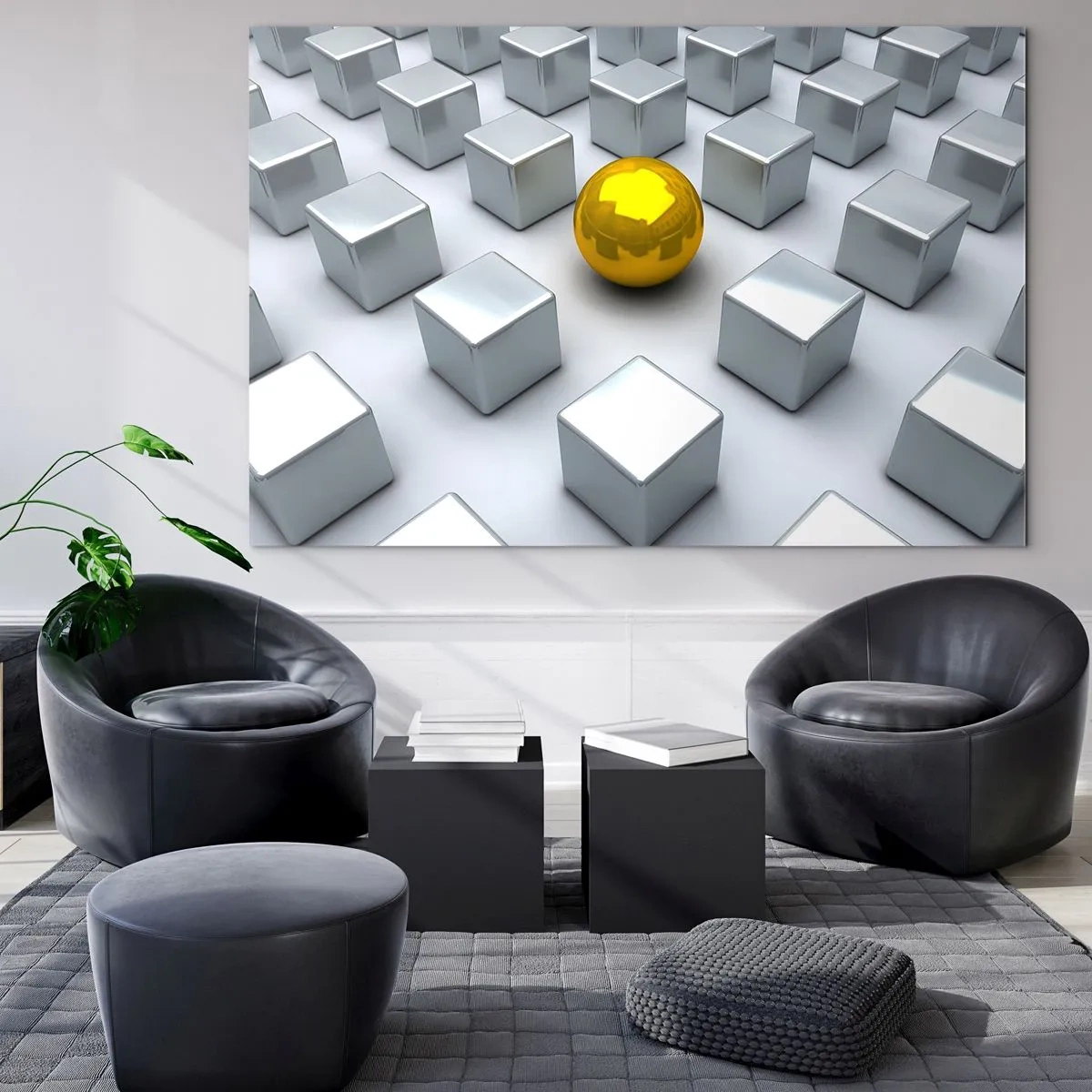 Billede på glas - En gylden kugle omgivet af sølvterninger - 70x50cm - Hvorfor mig? Geometrisk sammensætning - Moderne vægdekoration til stue og soveværelse ARTTOR