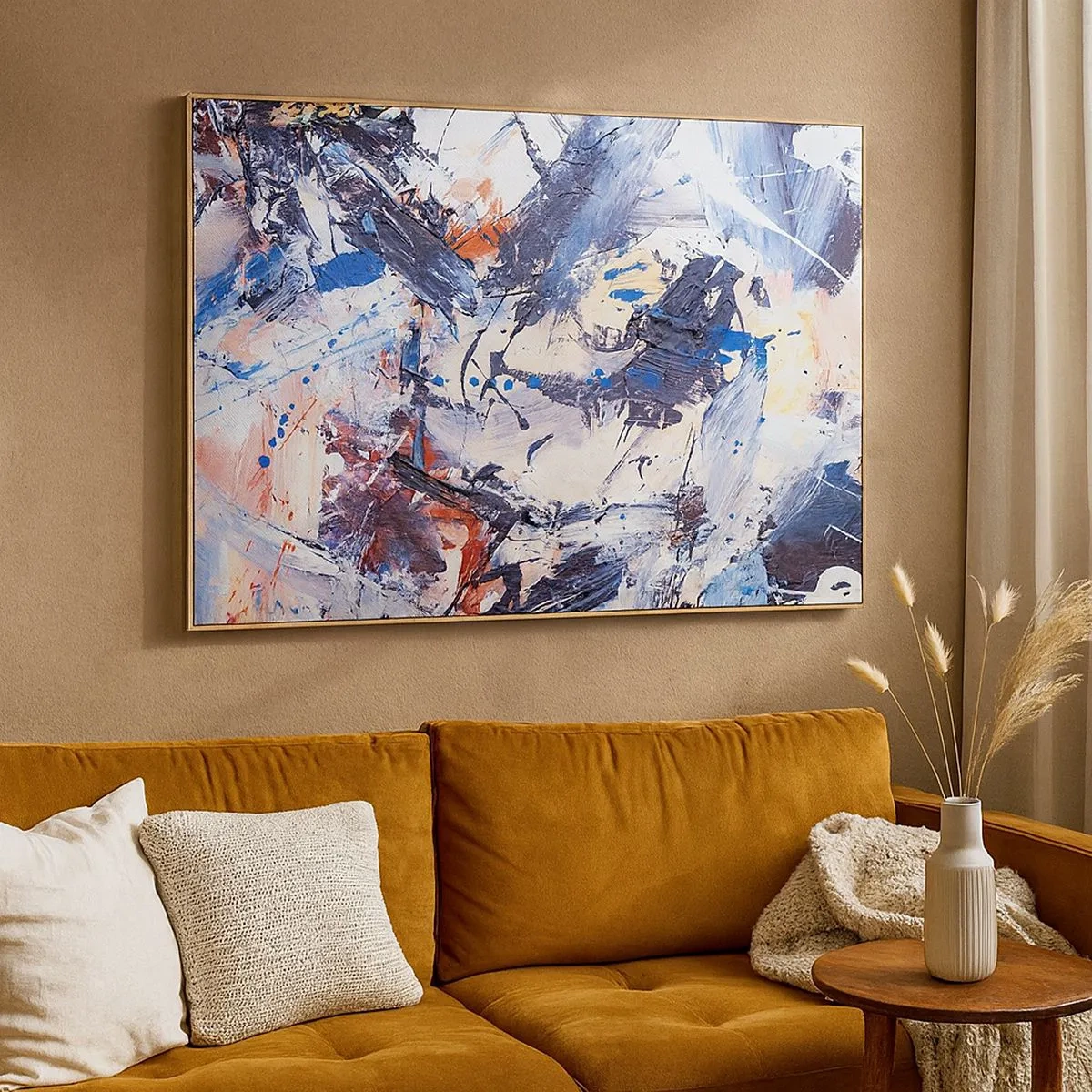 Lærredstryk - Billede på lærred - Abstraktion med dynamiske penselstrøg i blå og rød. - 70x50cm - Abstraktionens vanvittige dans - Moderne vægdekoration til stue og soveværelse ARTTOR