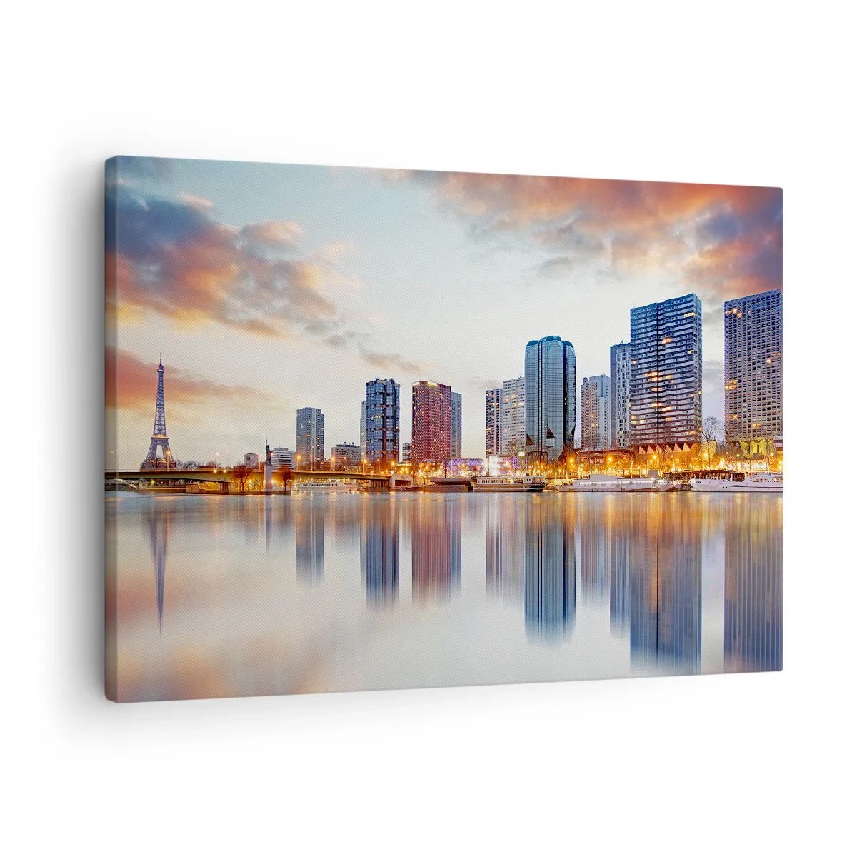 Lærredstryk - Billede på lærred - Panorama af moderne bygninger og Eiffeltårnet over vandet - 70x50cm - Den monumentale ro i Paris - Moderne vægdekoration til stue og soveværelse ARTTOR