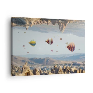 Lærredstryk - Billede på lærred - Farverige balloner over et klippefyldt landskab - 70x50cm - Alt er muligt her - Moderne vægdekoration til stue og soveværelse ARTTOR