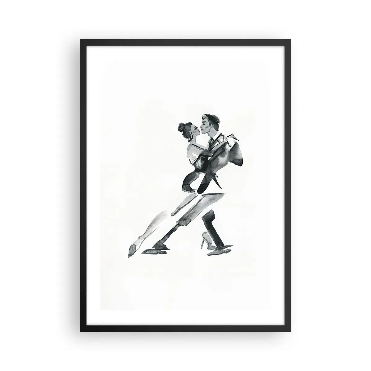 Plakat i sort ramme - Sort-hvid akvarelmaleri af et dansende par - 50x70cm - I én rytme - Moderne vægdekoration til stue og soveværelse ARTTOR