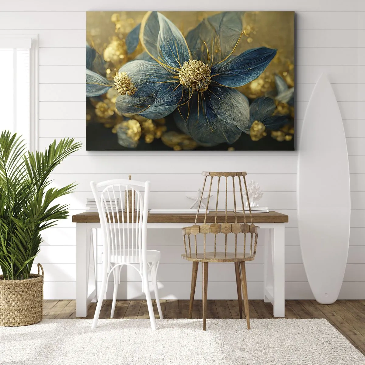 Lærredstryk - Billede på lærred - Elegante blomster i nuancer af blå og guld - 70x50cm - Blomstre med guld - Moderne vægdekoration til stue og soveværelse ARTTOR