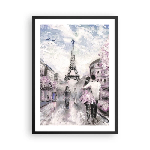 Plakat i sort ramme - En romantisk scene i Paris med Eiffeltårnet i baggrunden - 50x70cm - Hvis du bliver forelsket, er det kun i... - Moderne vægdekoration til stue og soveværelse ARTTOR
