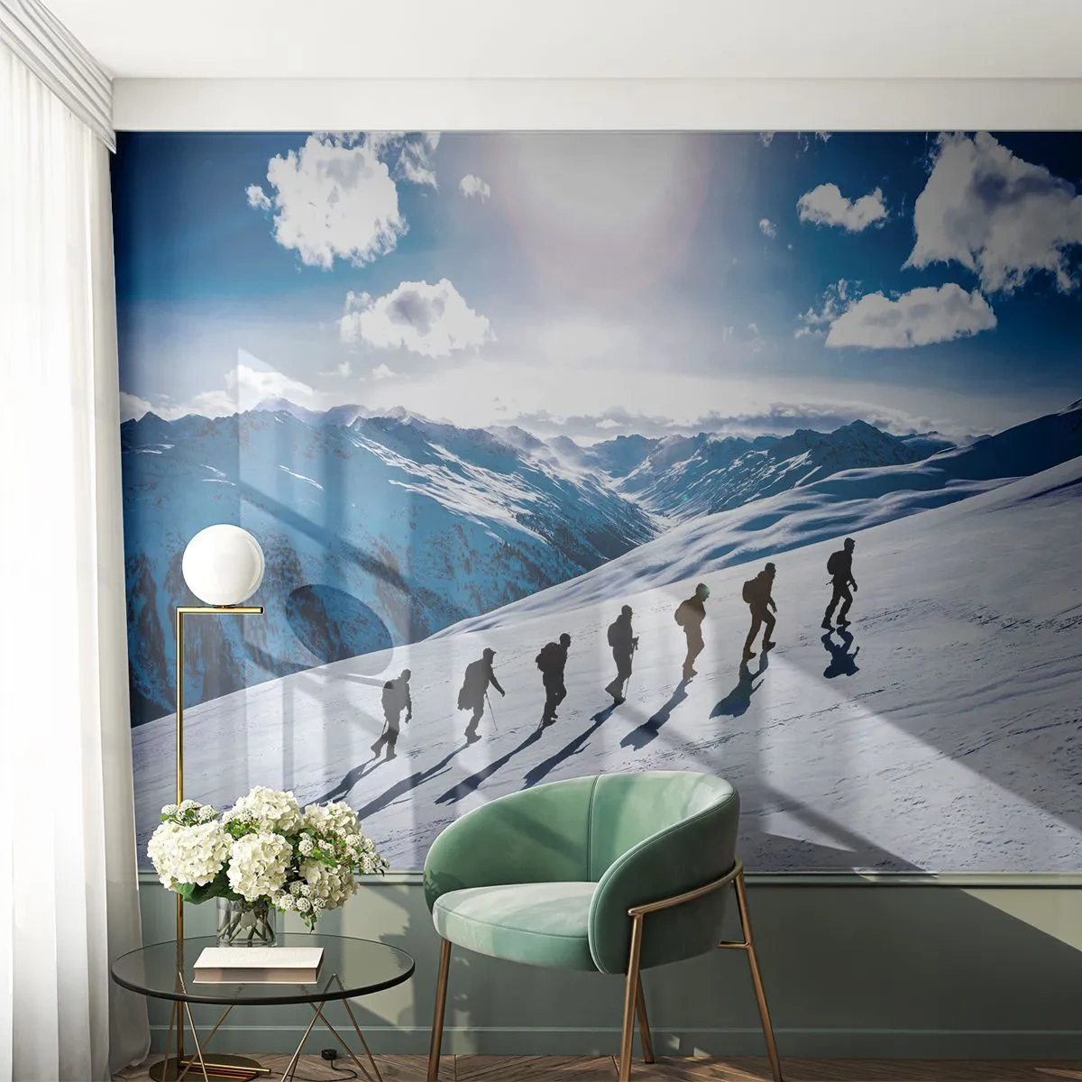 Fototapet Selvklæbende Deluxe Sticker - Det vindende hold - Bjergvandring, Landskab, Alperne - 200x140 cm