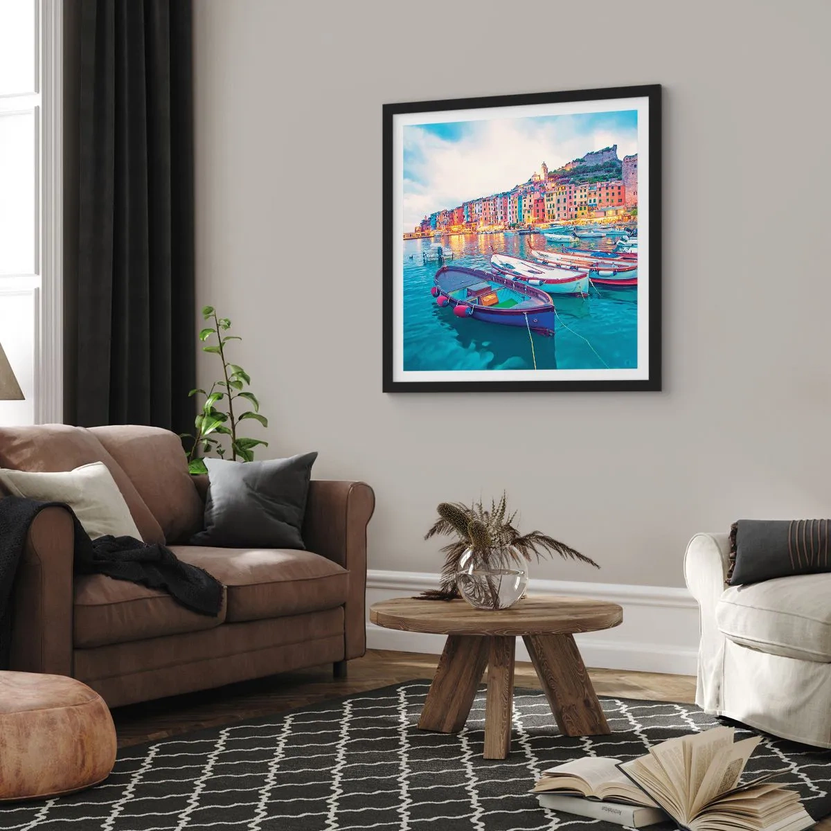 Plakat i sort ramme - En farverig aften i havnen - 30x30 cm