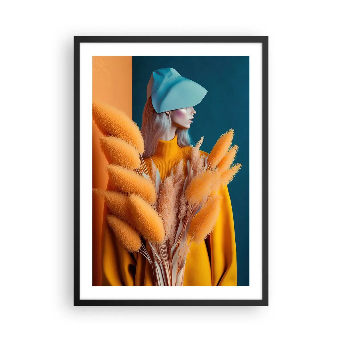 Plakat i sort ramme - Et moderne portræt af en kvinde i varme farver - 50x70cm - Fluffy portræt - Moderne vægdekoration til stue og soveværelse ARTTOR