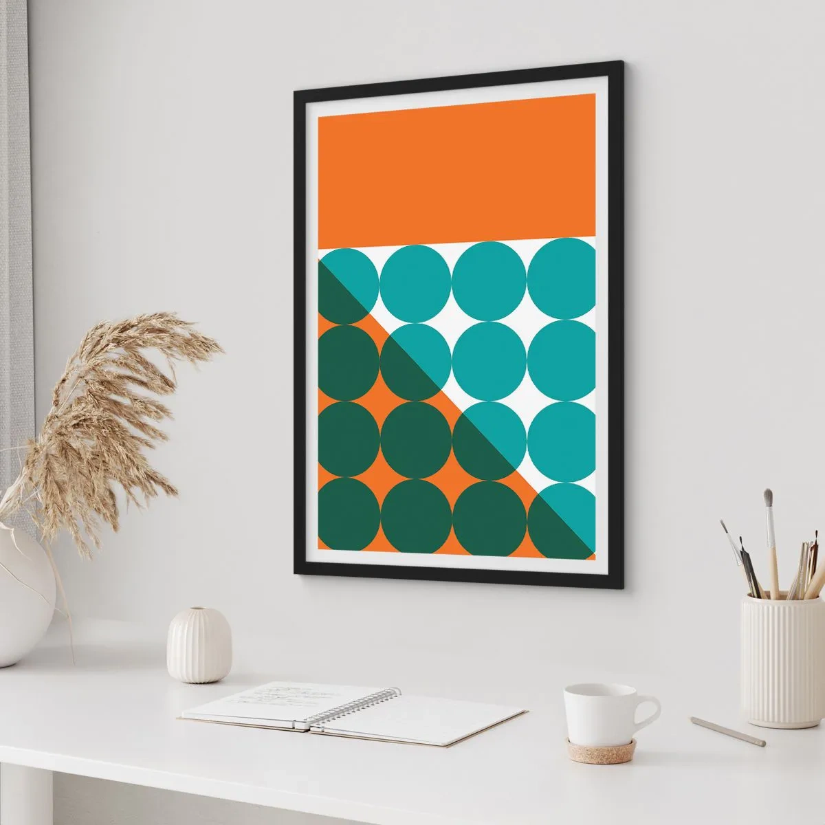 Plakat i sort ramme - Abstrakt geometrisk komposition med cirkler i nuancer af orange og grøn. - 50x70cm - Op og over - Moderne vægdekoration til stue og soveværelse ARTTOR