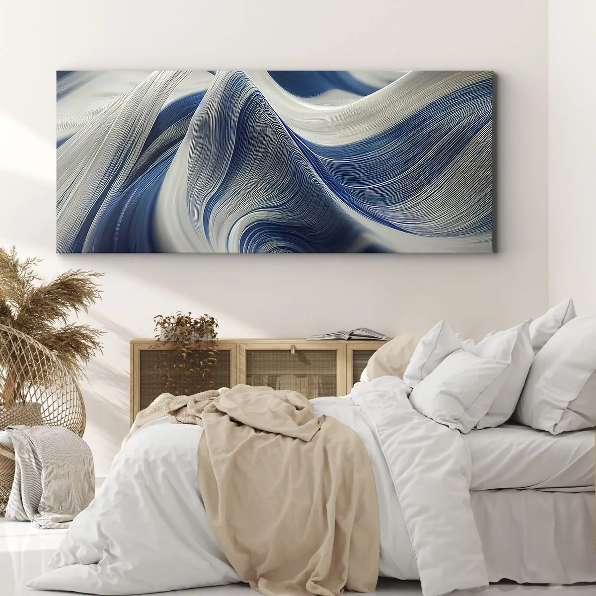 Lærredstryk - Billede på lærred - Flydende blå og hvide farver - 100x40 cm
