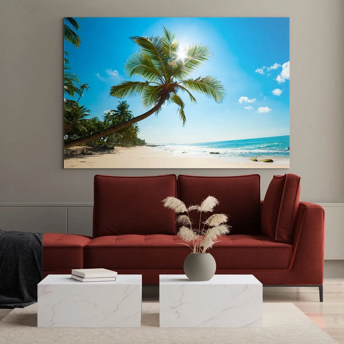 Billede på glas - Tropisk strand med palmer og blå himmel - 70x50cm - Du må ikke vise nogen - Moderne vægdekoration til stue og soveværelse ARTTOR