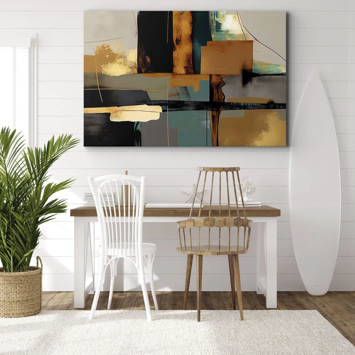Lærredstryk - Billede på lærred - Abstrakt komposition med guld- og turkiselementer - 70x50cm - Abstraktion - lys og skygge - Moderne vægdekoration til stue og soveværelse ARTTOR