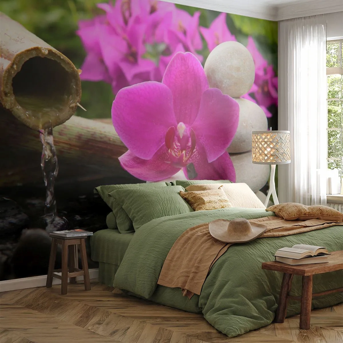 Fototapet Premium Sand - Du hviler allerede - Blomster, Bambus, Orkidé - 100x70 cm