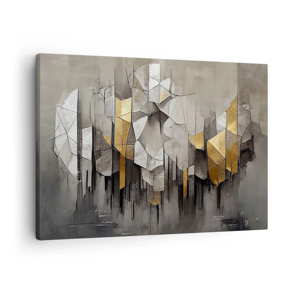 Lærredstryk - Billede på lærred - Geometrisk abstraktion i nuancer af guld og grå - 70x50cm - Komposition lavet af is og lys - Moderne vægdekoration til stue og soveværelse ARTTOR