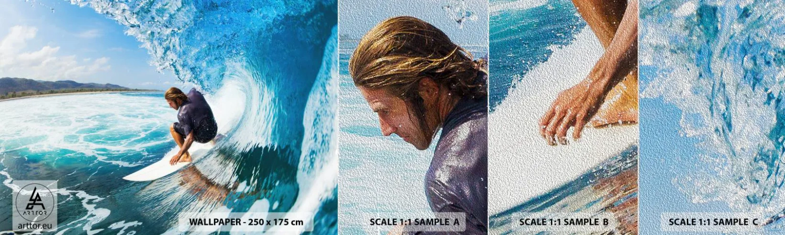 Prøve Fototapet Premium Sand - Danser med bølgerne - Sport, Surfing, Surfbræt - 100x30 cm