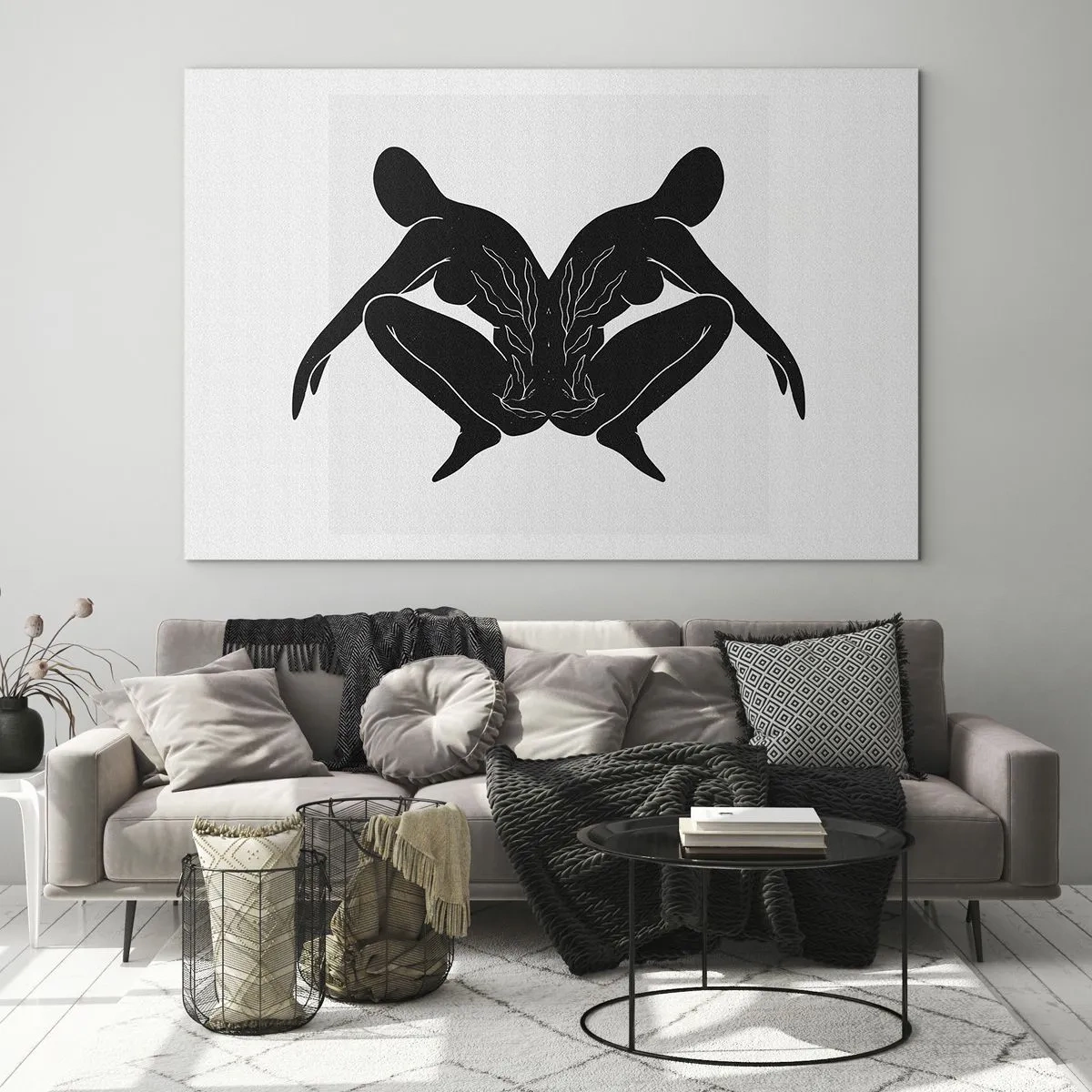 Billede på glas - Sorte figurer danner et symmetrisk hjerte på en hvid baggrund - 70x50cm - En delt sjæl - Moderne vægdekoration til stue og soveværelse ARTTOR