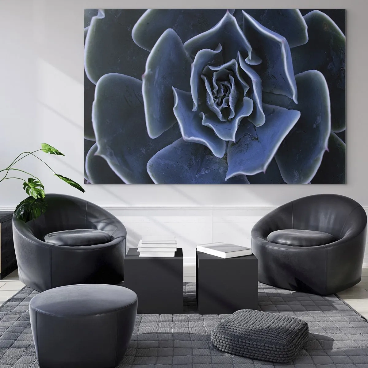 Billede på glas - Makrofotografi af en sukkulent i kølige blå nuancer - 70x50cm - Ørkenblomst - Moderne vægdekoration til stue og soveværelse ARTTOR