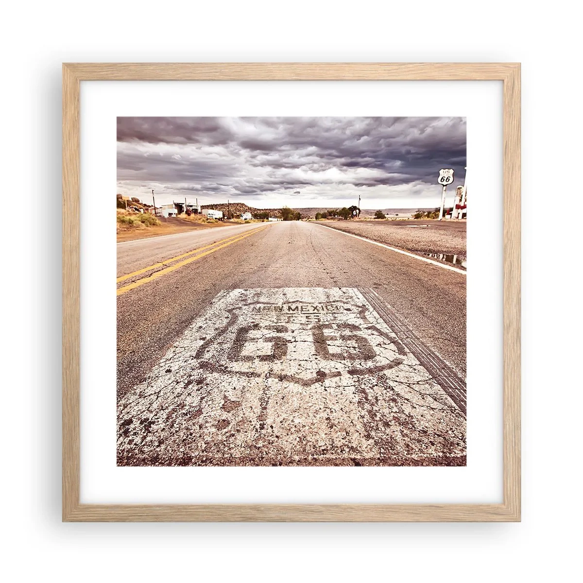 Plakat i ramme af lyst egetræ - Mother Road - amerikansk legende - 40x40 cm