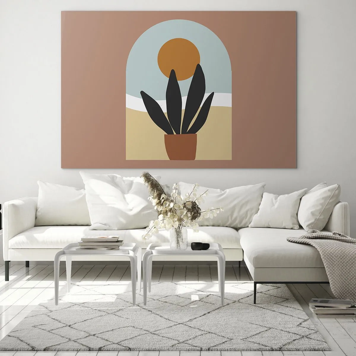 Billede på glas - En abstrakt scene med en potteplante og solen i baggrunden, i pastelfarver. - 70x50cm - Små glæder - Moderne vægdekoration til stue og soveværelse ARTTOR