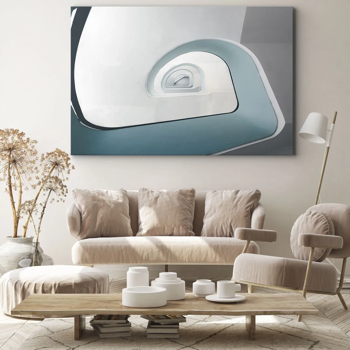Lærredstryk - Billede på lærred - Minimalistisk arkitektur med afrundede linjer - 70x50cm - Til bunden af det blå - Moderne vægdekoration til stue og soveværelse ARTTOR