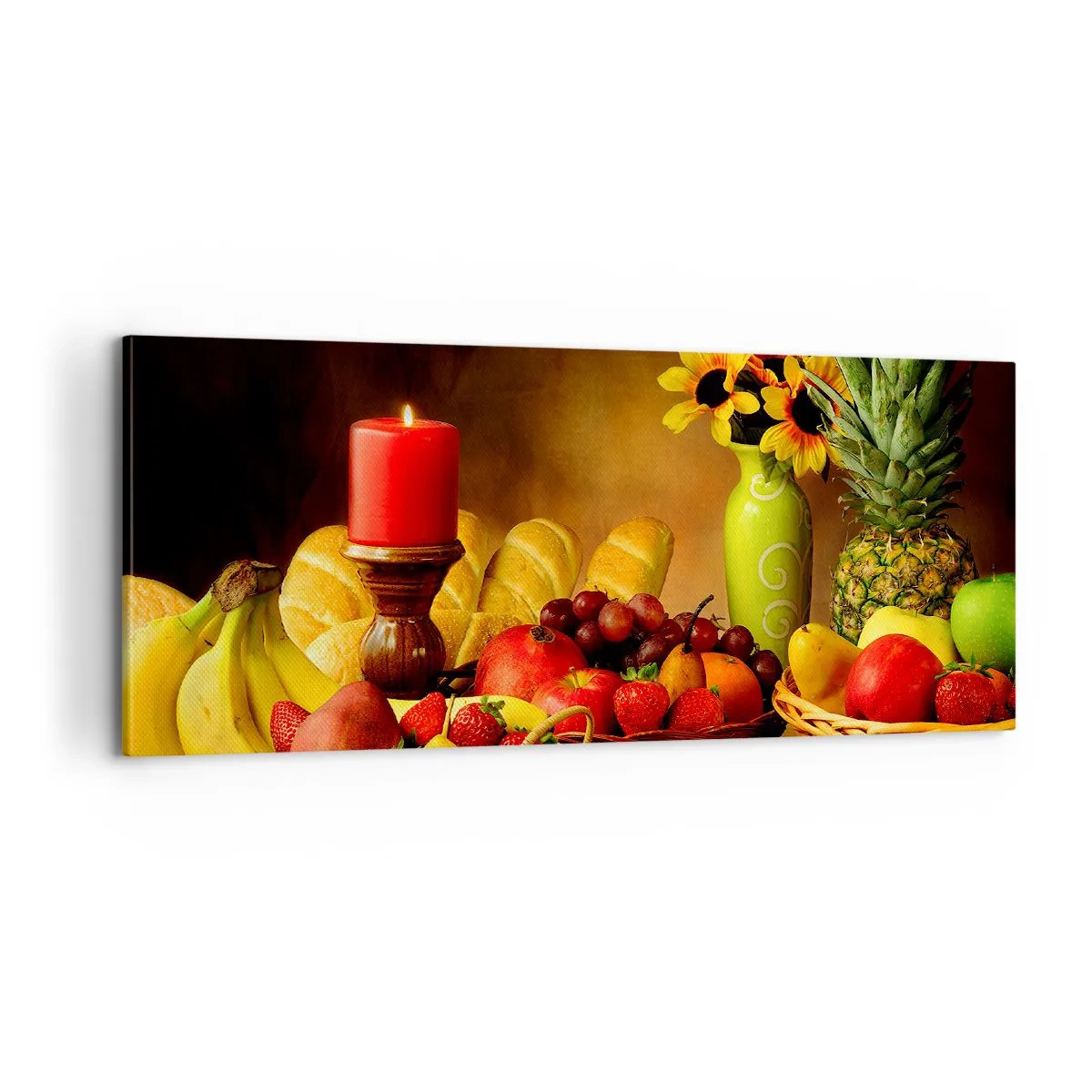 Lærredstryk - Billede på lærred - Stilleben med brød og frugt - 100x40 cm